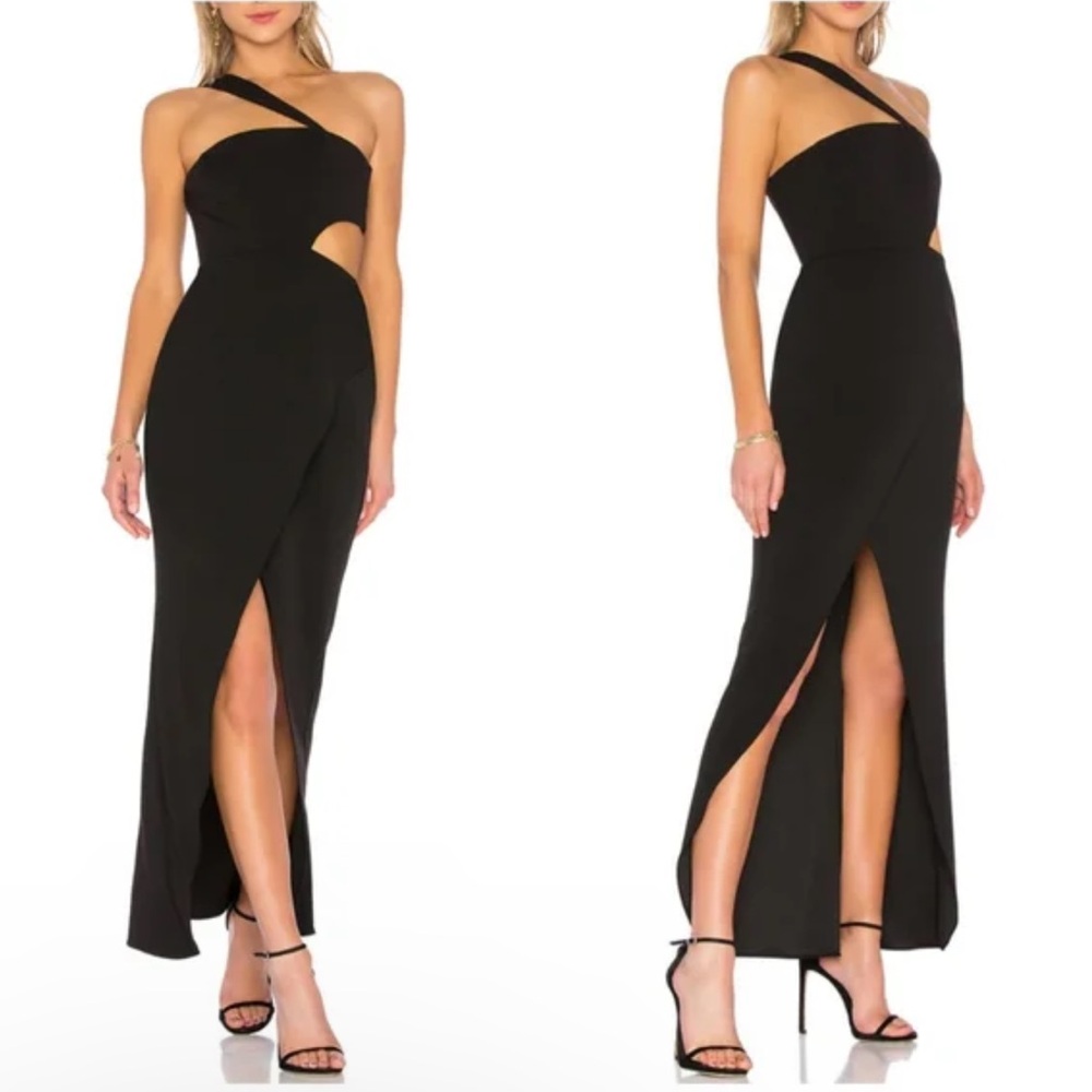 NEW BCBGMAXAZRI Black One Shoulder Cut Out Front Slit Dress
